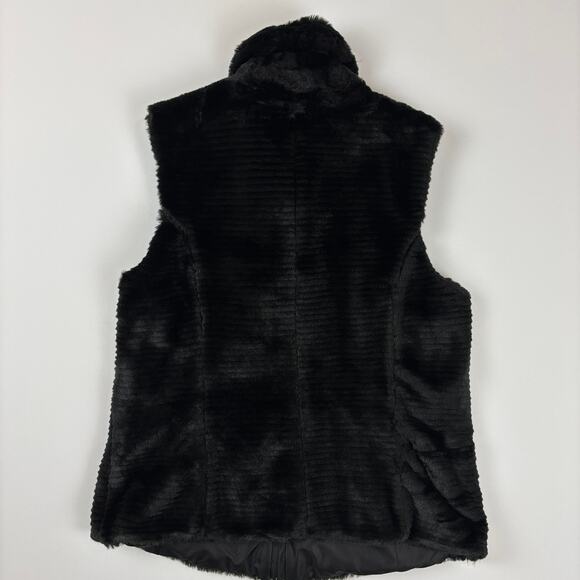 Liz Claiborne Petite M Black Ribbed Faux Fur Full Zip Reversible Vest Pockets - Picture 2 of 10